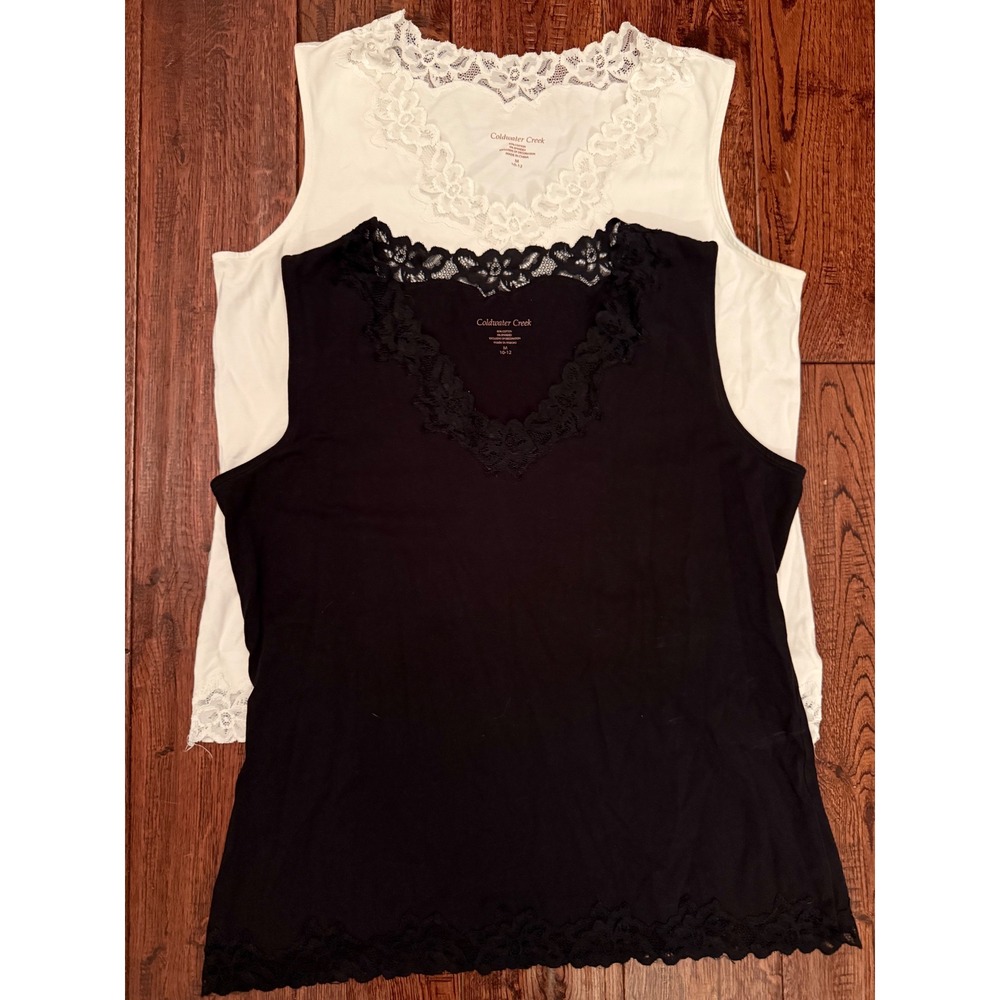 Coldwater Creek Lace Trim Tank Tops Black White Floral Sleeveless Set M 10-12